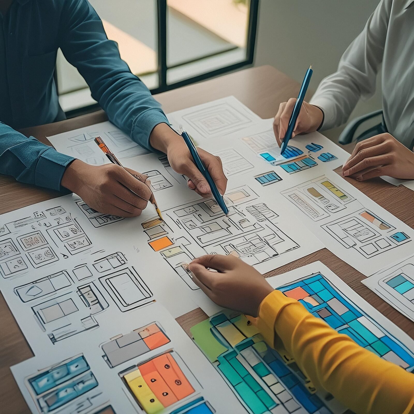 Manos de diseñadores UX eligiendo prototipos durante una sesión de trabajo colaborativo