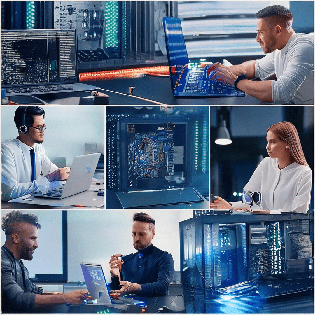 Imagen circular con cables, chips, switches y tres personas interactuando con tecnología