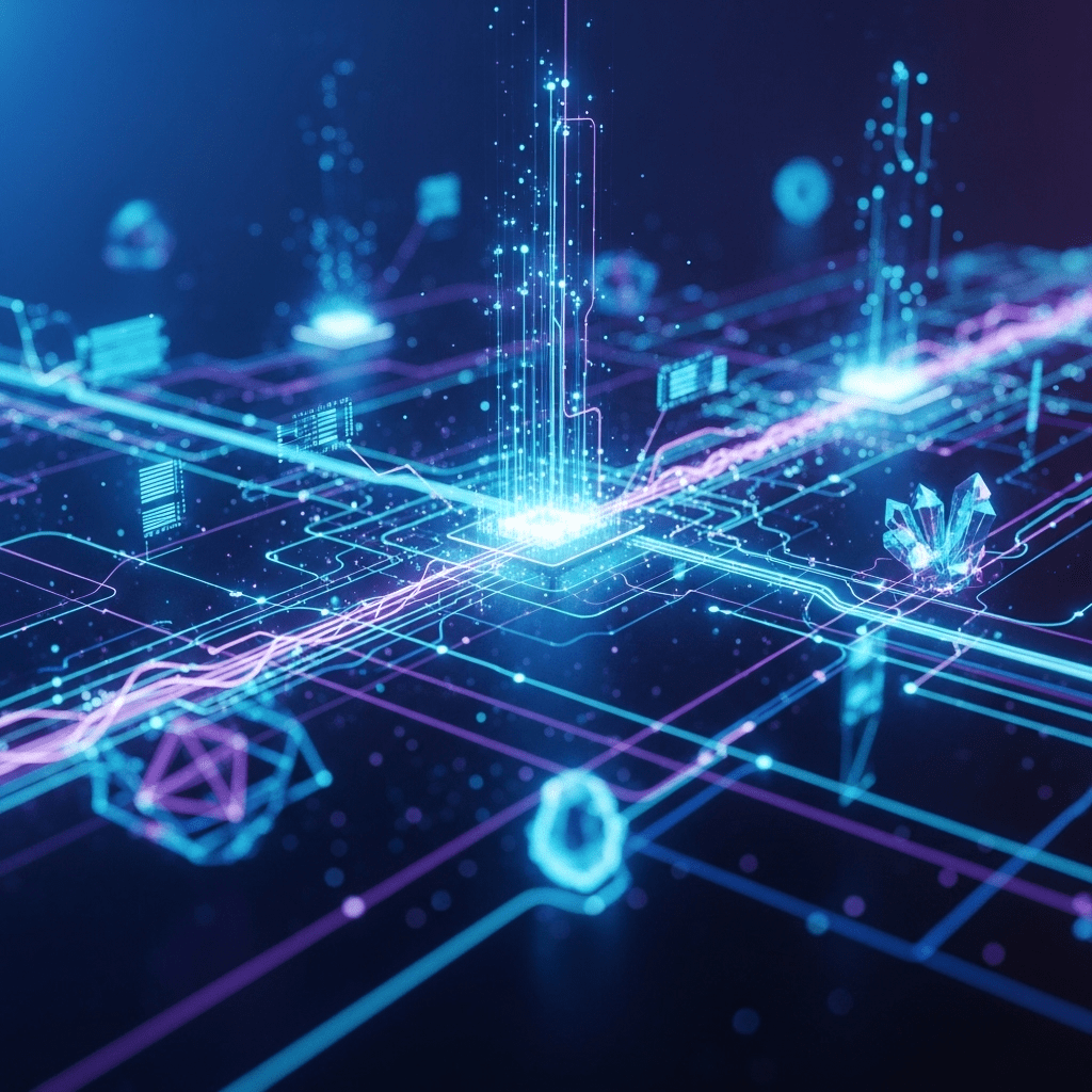 Redes de datos conectadas a un PC futurista con interfaz tecnológica.