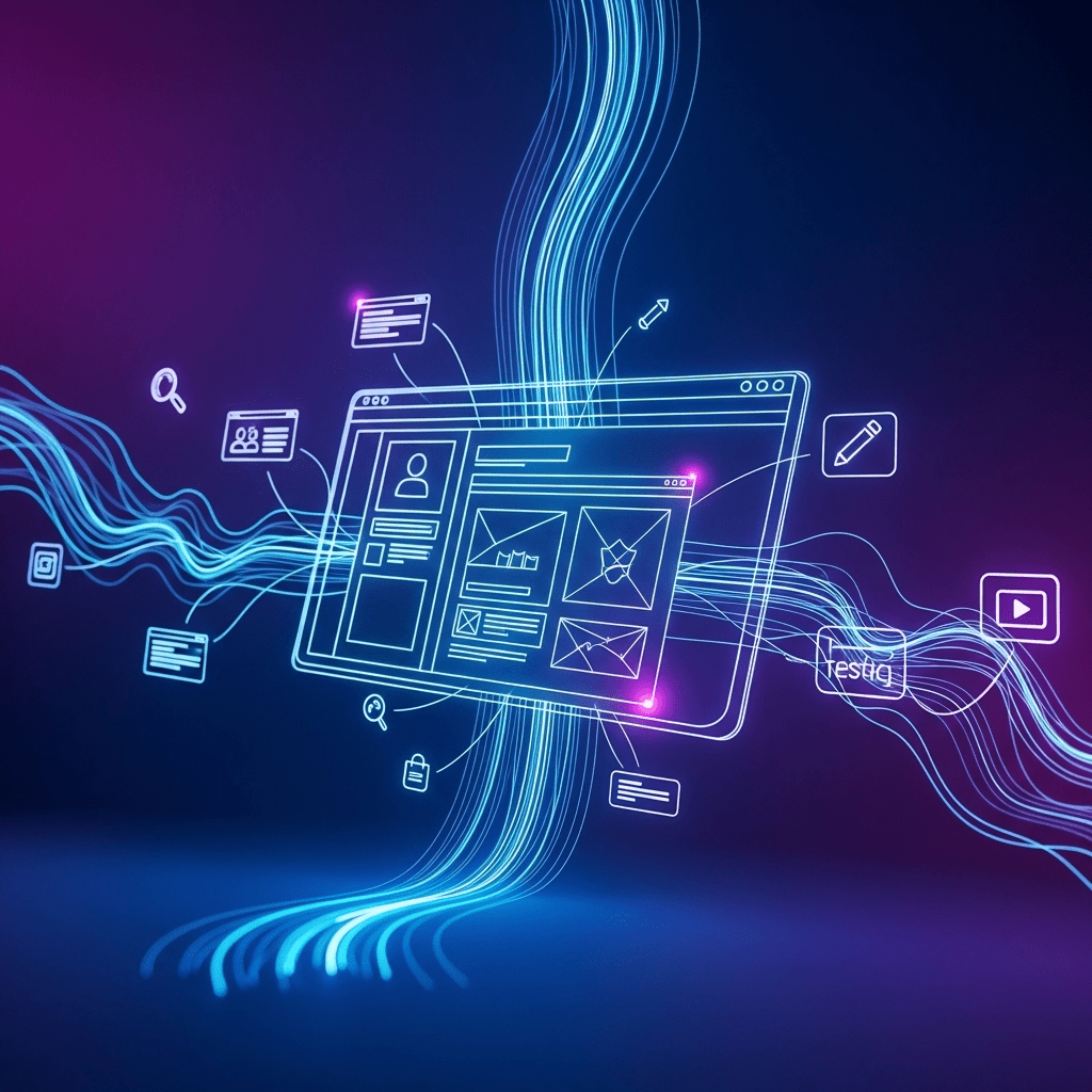 Interacción tecnológica sobre una tablet con colores azul, morado y blanco.