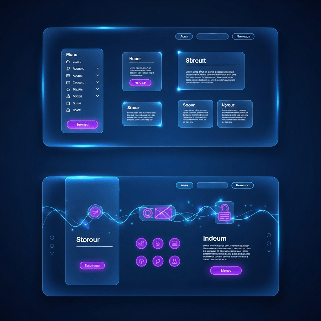 Diseño web futurista en pantalla de PC con colores azul, morado y blanco.
