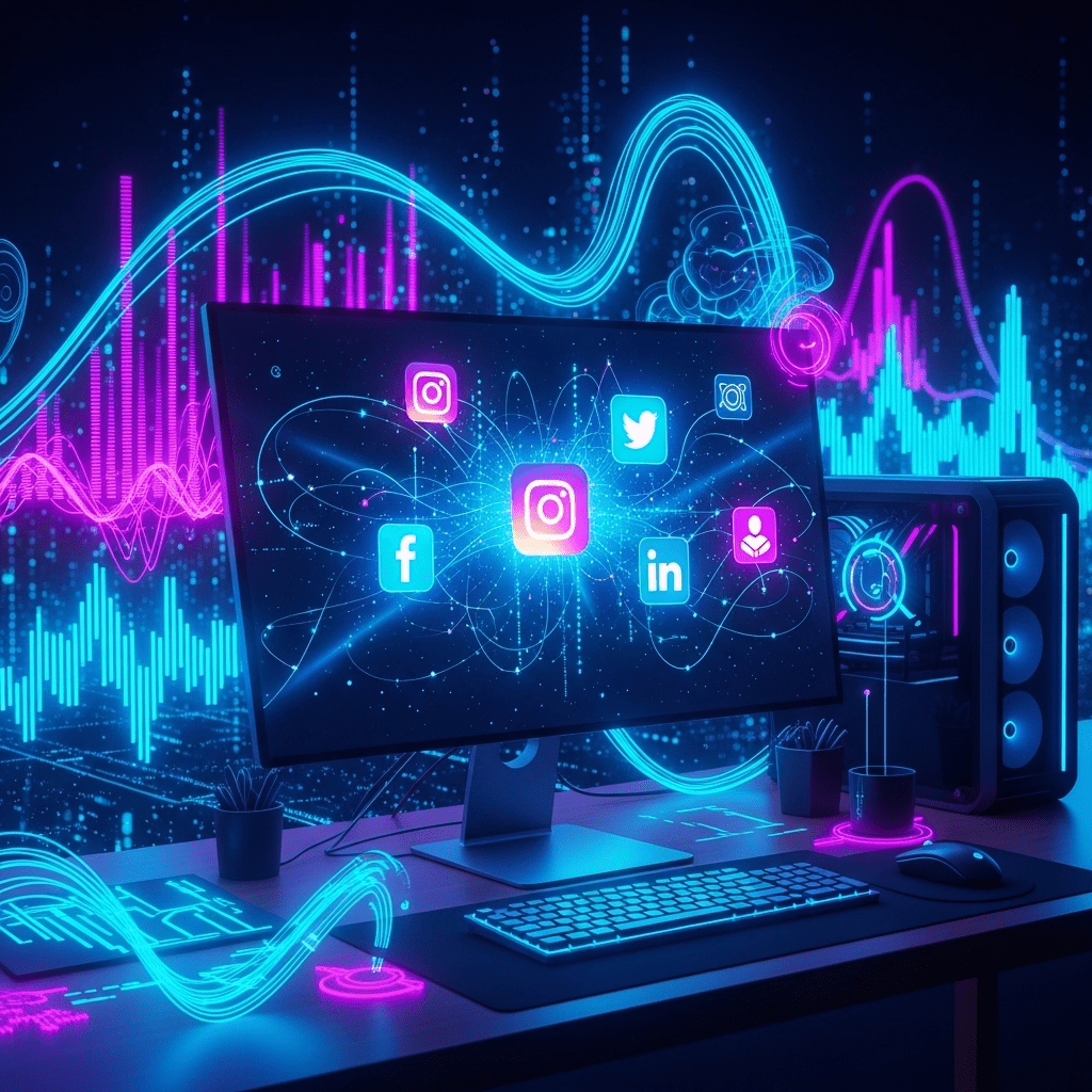PC de escritorio con logos de redes sociales en pantalla y colores fluorescentes azul, morado y blanco.