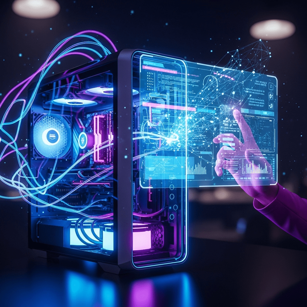 Mano reparando un PC futurista en tonos azul, morado y blanco como símbolo de soporte técnico.